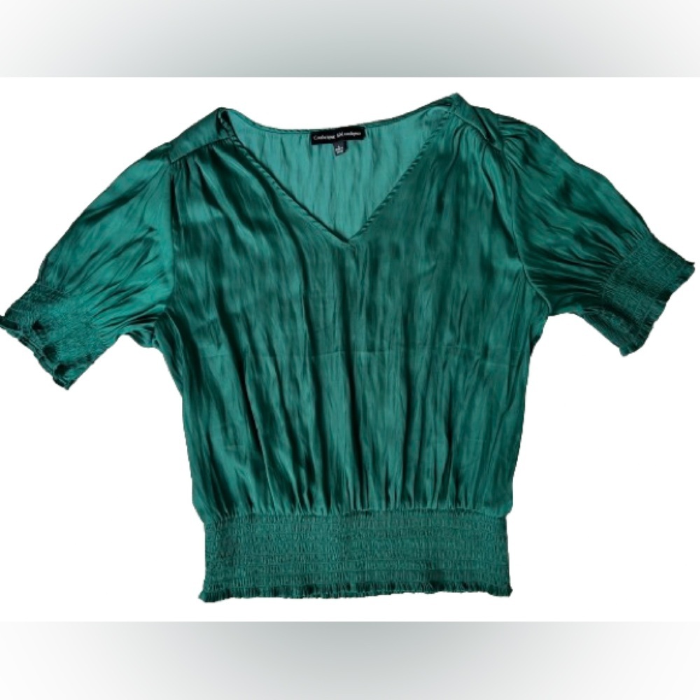 Catherine Malandrino Green V-Neck Satin Blouse